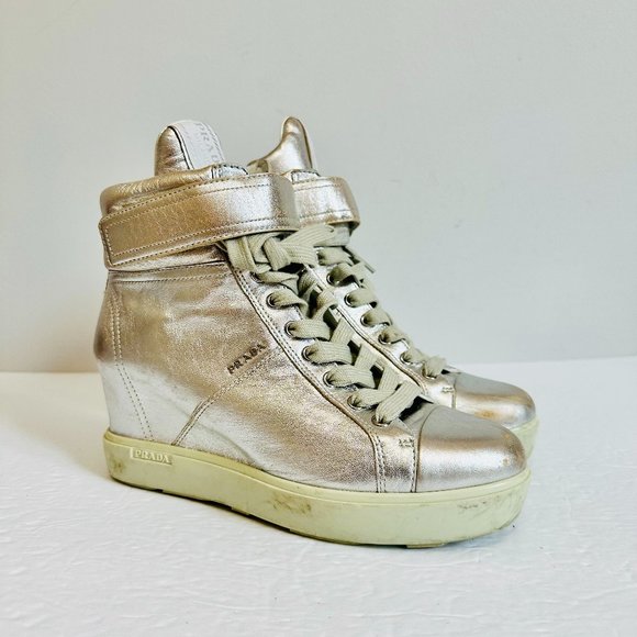 EUC PRADA SILVER METALLIC HIGH TOP SNEAKERS - Picture 1 of 10